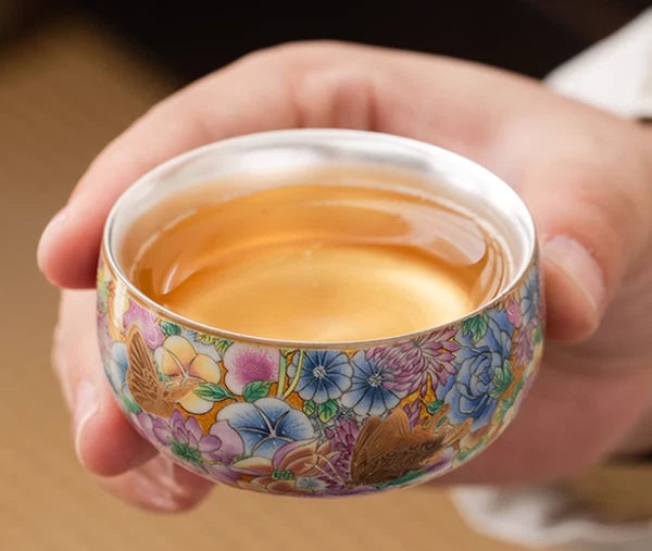 Gold butterfly enamel million flowers hand-grabbed pot gold silver teapot