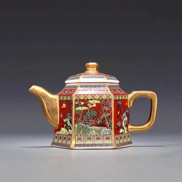 Jingdezhen Antique Qianlong Enamel Gold Teapot With Handle Hexagon Teapots