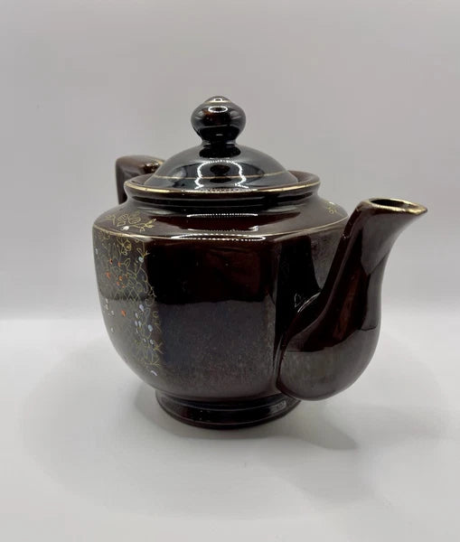 Vintage Brown Betty Redware Teapot Moriage Enamel Hand Painted Japan GUC MCM