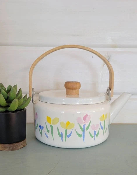 Vintage enamel teapot floral tulips enamelware teapots tea kettle