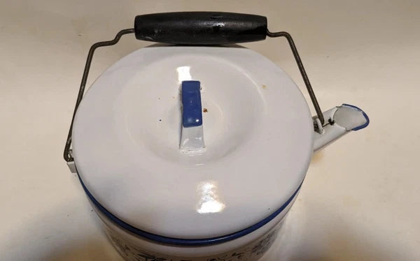 Vintage Blue Onion Danube Style Enamel Teapot Metal Bail Wood Handle 4.5"×8"