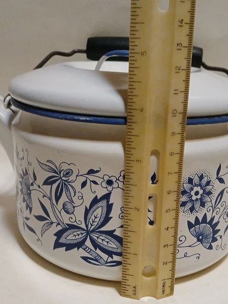 Vintage Blue Onion Danube Style Enamel Teapot Metal Bail Wood Handle 4.5"×8"