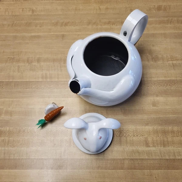 Vintage Copco Enamel Teapot Figural Mr Rabbit Bunny Carrot Whistling Tea Kettle