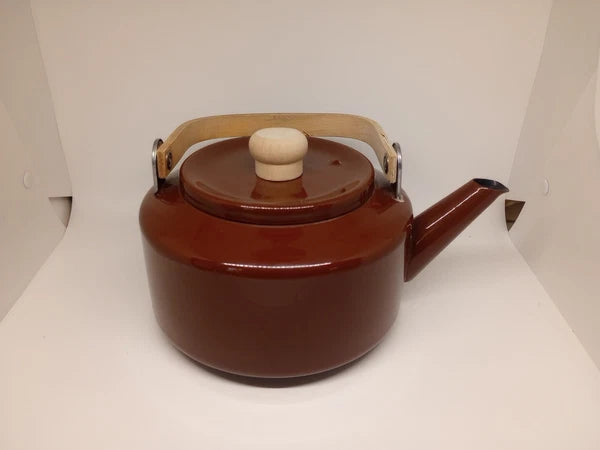 Vintage Brown Tea Pot Kettle Enamel Ware Metal Wood Handle