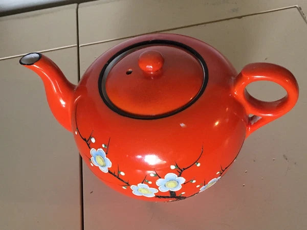 Vintage Bright Orange Enamel Floral Porcelain Japan Tea Pot Hand Painted