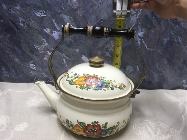 VGT White Enamelware Metal Tea Kettle / Teapot w/ Wooden Handle, Floral Design