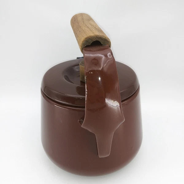 Vintage 1960s Brown Enamel Metalware Teapot Wood Handle camping 7"T X 6.5"L