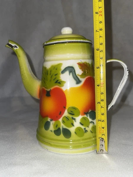 Vintage Enamel Ware Harvest Fruit Design Teapot and 6 Cups