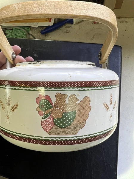 Vintage Enamel Tea Pot Kettle Wood Handle