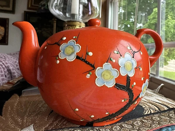 Vintage Bright Orange Enamel Floral Porcelain Japan Tea Pot Hand Painted