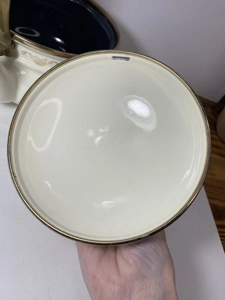 Vintage Fissler Asta Black & Gold Enamelware Teapot & Warmer West Germany Nice