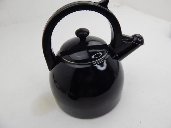 Tea Pot Enamel 2 Quart Kettle Black Easy Squeeze Handle Vtg