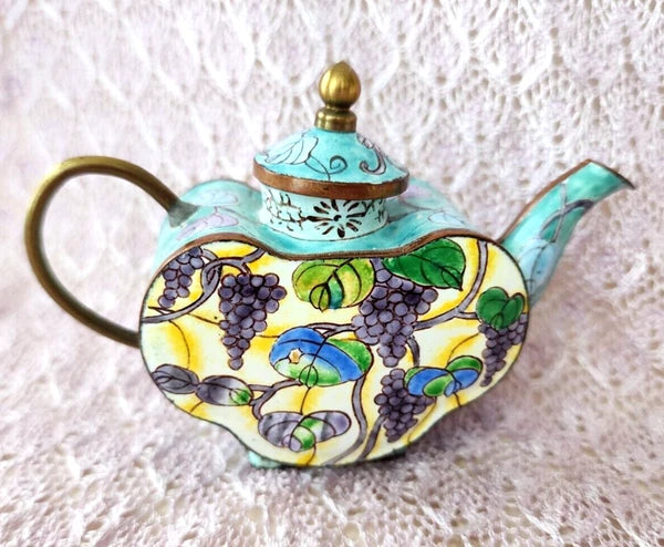 Vintage Chinemel  B. Yee Enamel Miniature Teapot Tiffany Style Grapevine Design