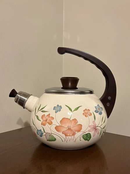 Vintage Enamelware Teapot Stovetop Whistling Kettle 2 Qt White Floral Tea Pot