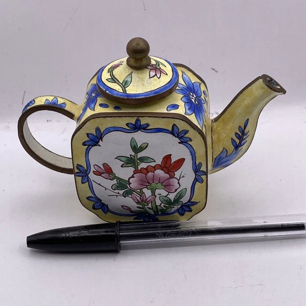 Miniature Enamel Teapot With Lid Yellow flowers BB7