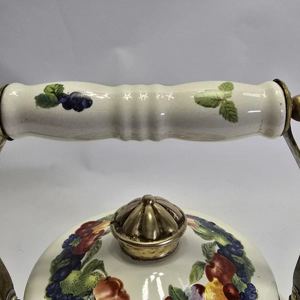 Vintage Enamel Teapot White with Fruit Design Brass Handle Farmhouse Kitchen.