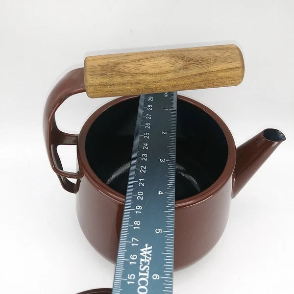 Vintage 1960s Brown Enamel Metalware Teapot Wood Handle camping 7"T X 6.5"L