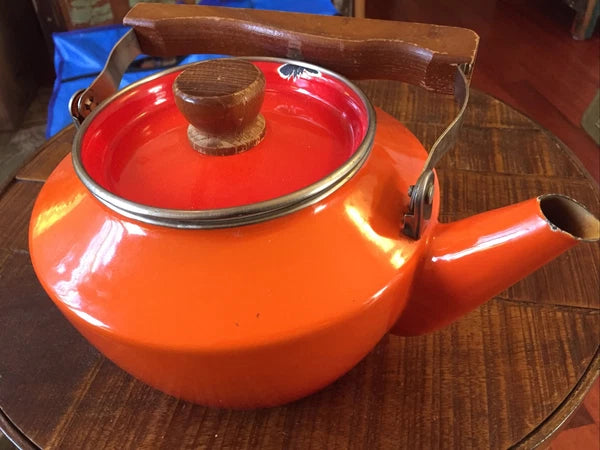 Vintage Mcm Enamel Teapot Mid Century Modern Orange