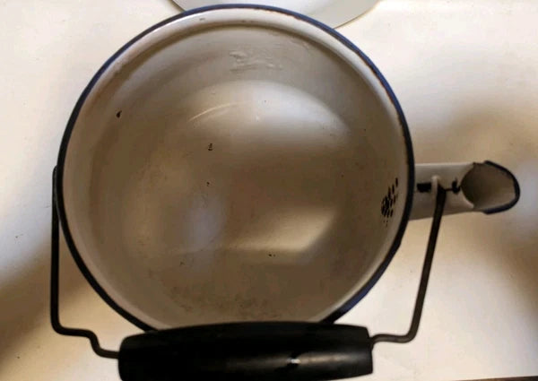 Vintage Blue Onion Danube Style Enamel Teapot Metal Bail Wood Handle 4.5"×8"