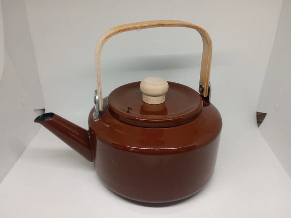 Vintage Brown Tea Pot Kettle Enamel Ware Metal Wood Handle