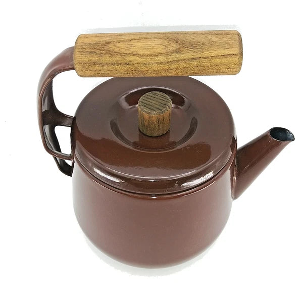 Vintage 1960s Brown Enamel Metalware Teapot Wood Handle camping 7"T X 6.5"L