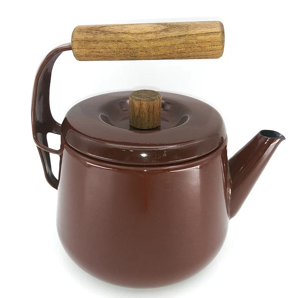 Vintage 1960s Brown Enamel Metalware Teapot Wood Handle camping 7"T X 6.5"L