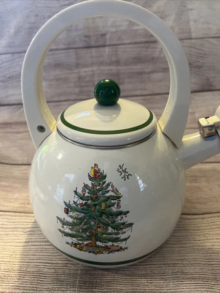 Spode Christmas Tree Whistling Tea Kettle Pot Porcelain Enamel on Steel 2.2 Qt