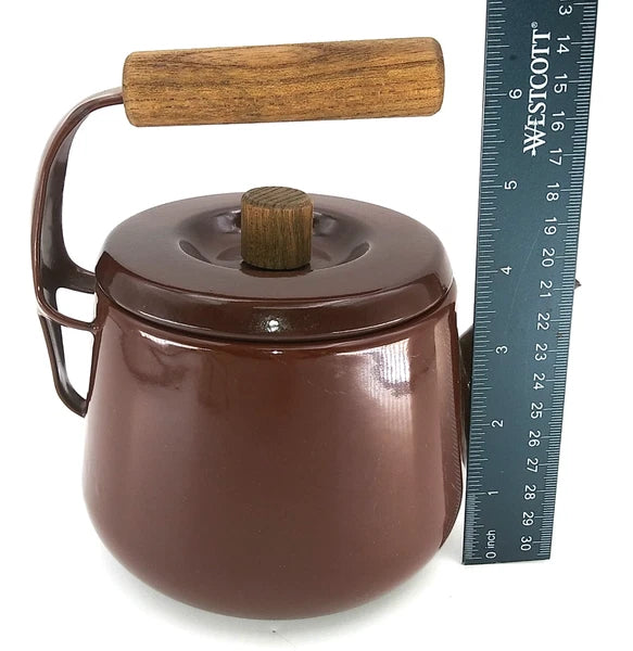 Vintage 1960s Brown Enamel Metalware Teapot Wood Handle camping 7"T X 6.5"L
