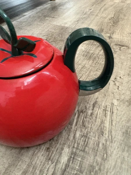Vintage Copco Red Enamel Tomato Teapot/ Kettle With Green Leaf And Stem