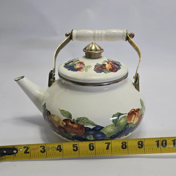 Vintage Enamel Teapot White with Fruit Design Brass Handle Farmhouse Kitchen.