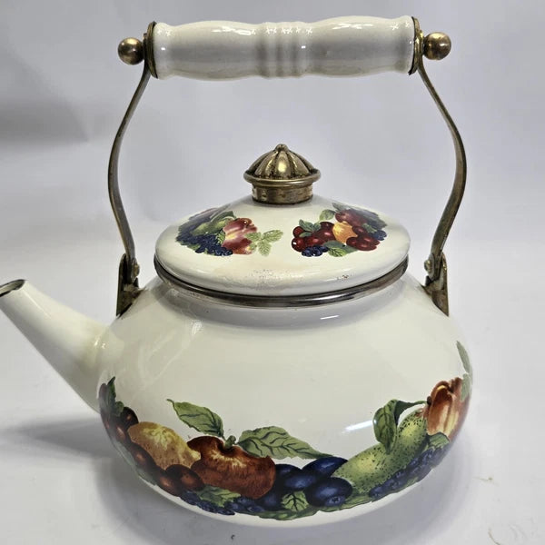 Vintage Enamel Teapot White with Fruit Design Brass Handle Farmhouse Kitchen.