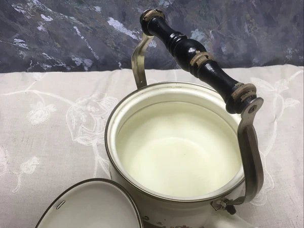 VGT White Enamelware Metal Tea Kettle / Teapot w/ Wooden Handle, Floral Design