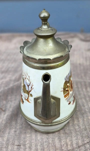 Vintage / Antique Victorian Hand Painted Enamel & Pewter Teapot