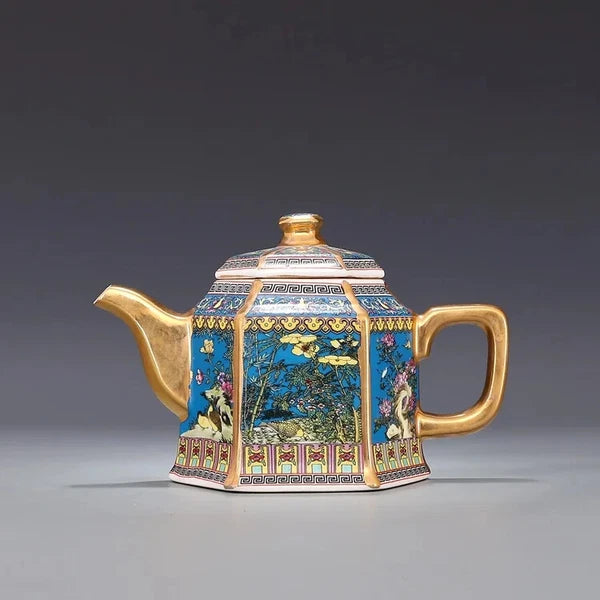 Jingdezhen Antique Qianlong Enamel Gold Teapot With Handle Hexagon Teapots