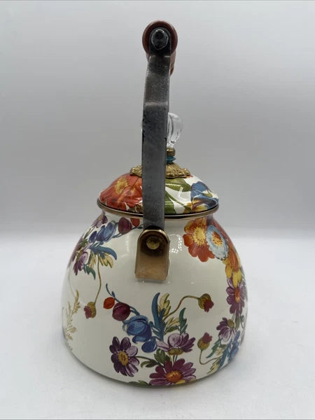 Mackenzie Childs Enamel White Flower Market 2 Quart Tea Pot / Kettle