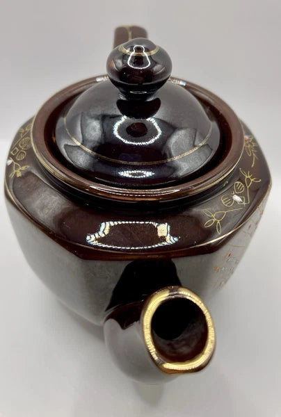 Vintage Brown Betty Redware Teapot Moriage Enamel Hand Painted Japan GUC MCM