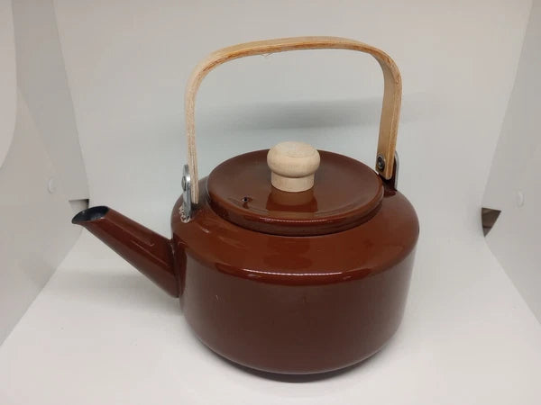 Vintage Brown Tea Pot Kettle Enamel Ware Metal Wood Handle