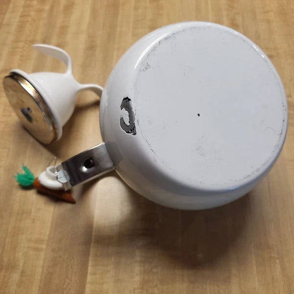 Vintage Copco Enamel Teapot Figural Mr Rabbit Bunny Carrot Whistling Tea Kettle