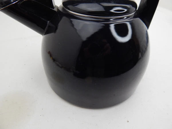 Tea Pot Enamel 2 Quart Kettle Black Easy Squeeze Handle Vtg