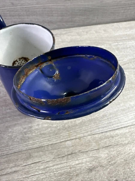 Vintage Chipped Enamel Tea Pot Blue Made In Austria H & C Double Headed Eagle