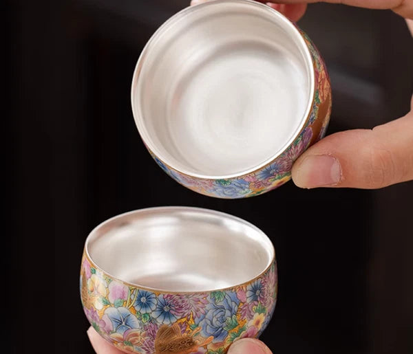 Gold butterfly enamel million flowers hand-grabbed pot gold silver teapot