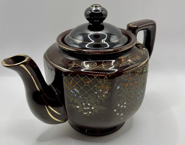 Vintage Brown Betty Redware Teapot Moriage Enamel Hand Painted Japan GUC MCM
