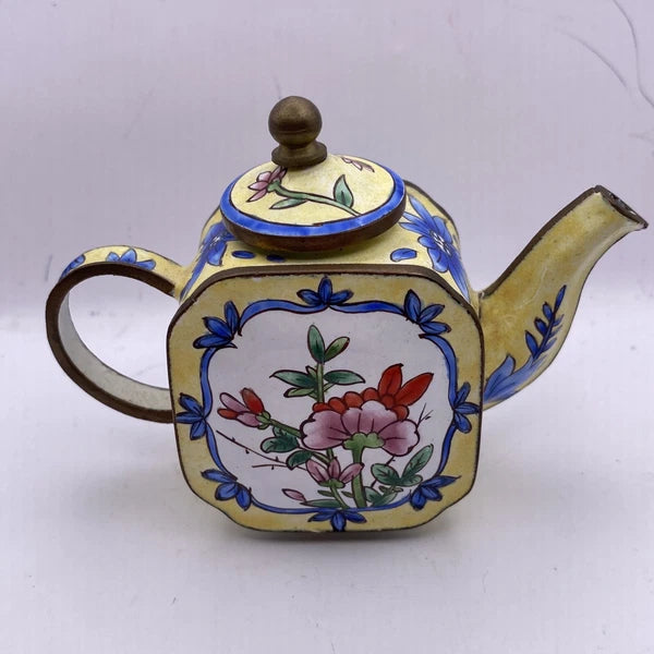 Miniature Enamel Teapot With Lid Yellow flowers BB7