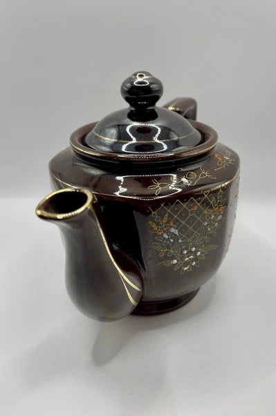 Vintage Brown Betty Redware Teapot Moriage Enamel Hand Painted Japan GUC MCM