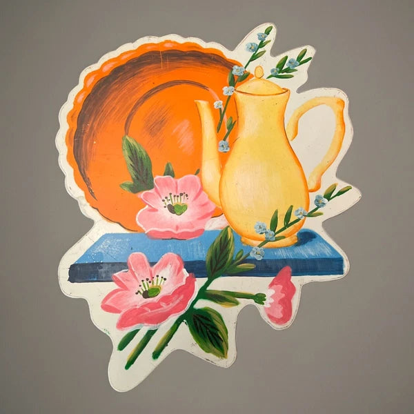 Vintage Metal Porcelain Enamel Farmhouse Wall Plaque Handpainted Teapot Coffee