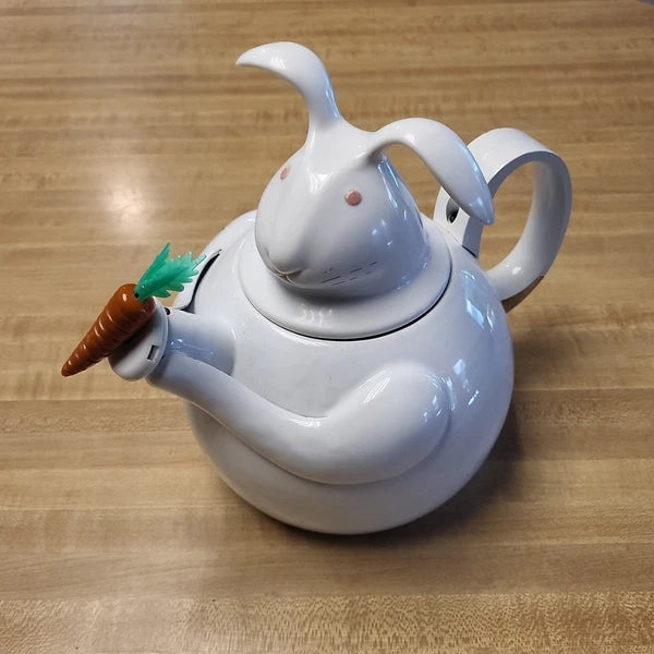 Vintage Copco Enamel Teapot Figural Mr Rabbit Bunny Carrot Whistling Tea Kettle