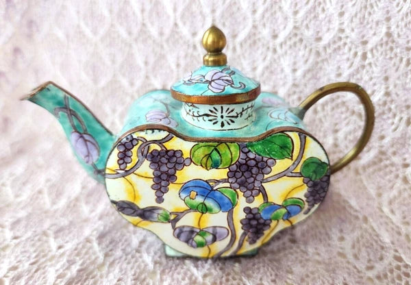 Vintage Chinemel  B. Yee Enamel Miniature Teapot Tiffany Style Grapevine Design