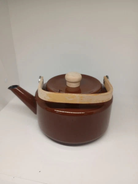 Vintage Brown Tea Pot Kettle Enamel Ware Metal Wood Handle
