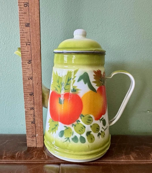 Vintage 1960s Enamelware Graniteware Coffee/Tea Pot 7 1/2" + 12" Bowl FRUIT