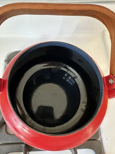 Teak Red Enamel Tea Kettle Tea Pot Copco Style Vintage Mid Century Modern